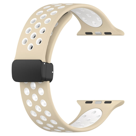 For Apple Watch 6 40mm Magnetic Buckle Silicone Watch Band(Khaki White)