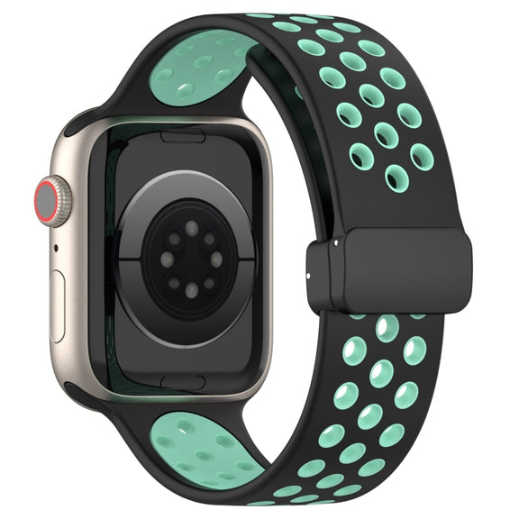 For Apple Watch 4 44mm Magnetic Buckle Silicone Watch Band(Black Cyan)