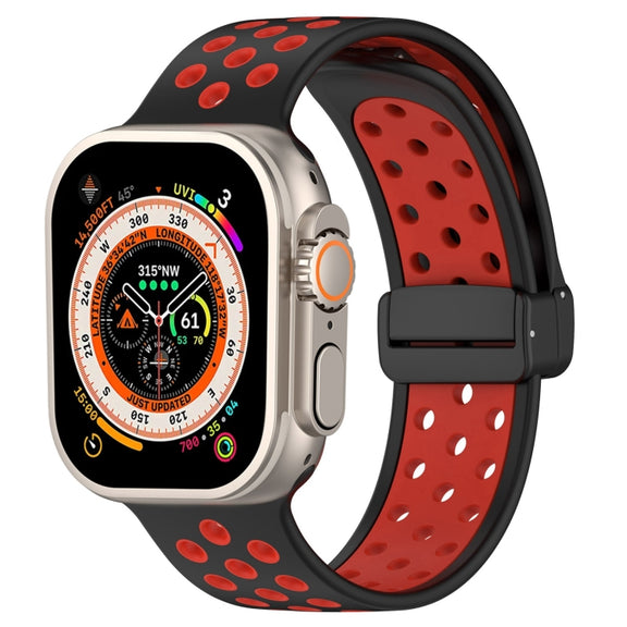 For Apple Watch Series 9 45mm Magnetic Buckle Silicone Watch Band(Black Red)