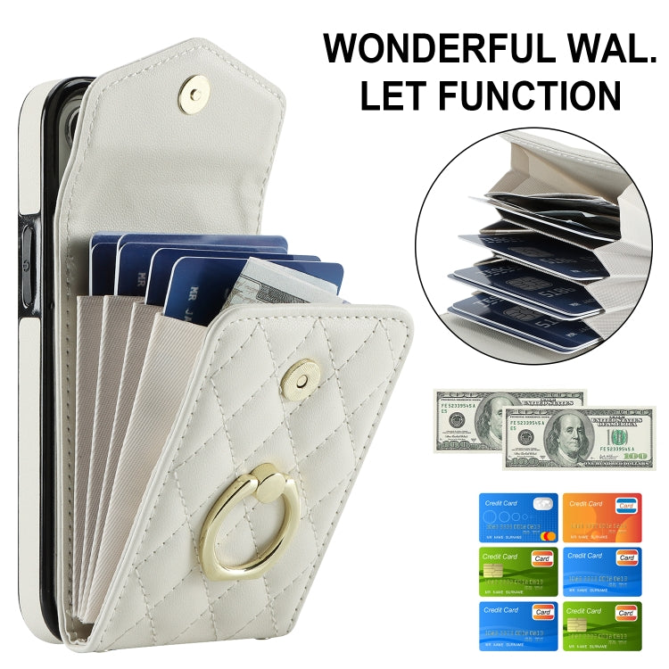 For iPhone 14 Plus Rhombic Texture Card Bag Phone Case with Long Lanyard(White)