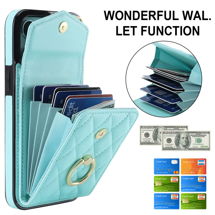 For iPhone 15 Pro Max Rhombic Texture Card Bag Phone Case with Long Lanyard(Mint Green)