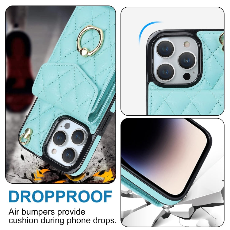 For iPhone 15 Pro Max Rhombic Texture Card Bag Phone Case with Long Lanyard(Mint Green)