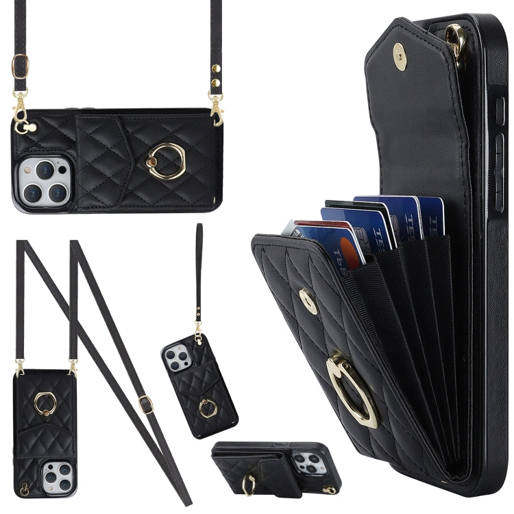 For iPhone 15 Plus Rhombic Texture Card Bag Phone Case with Long Lanyard(Black)