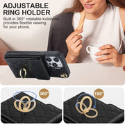 For iPhone 15 Rhombic Texture Card Bag Phone Case with Long Lanyard(Black)