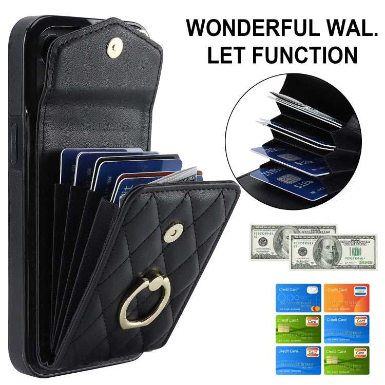 For iPhone 15 Rhombic Texture Card Bag Phone Case with Long Lanyard(Black)