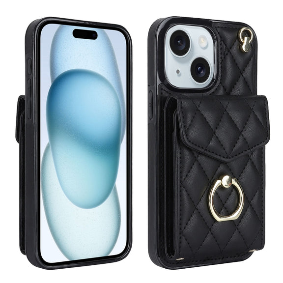 For iPhone 15 Rhombic Texture Card Bag Phone Case with Long Lanyard(Black)