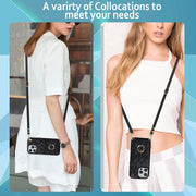 For iPhone 15 Rhombic Texture Card Bag Phone Case with Long Lanyard(Black)