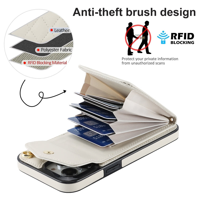 For iPhone 15 Rhombic Texture Card Bag Phone Case with Long Lanyard(White)