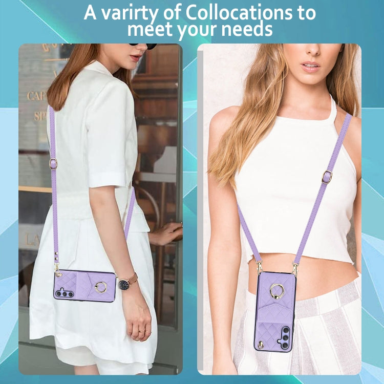 For Samsung Galaxy A54 5G Rhombic Texture Card Bag Phone Case with Long Lanyard(Light Purple)