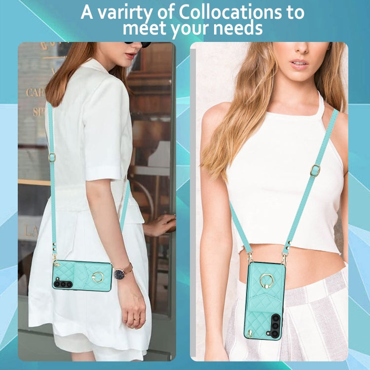 For Samsung Galaxy S23 5G Rhombic Texture Card Bag Phone Case with Long Lanyard(Mint Green)