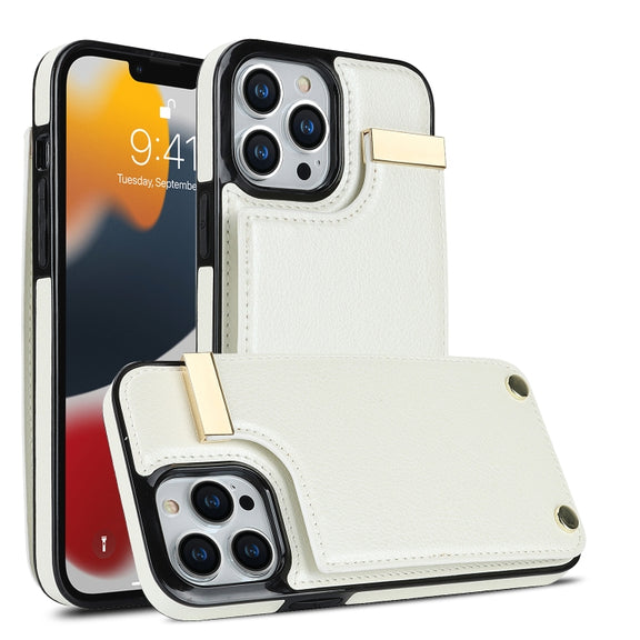 For iPhone 13 Pro Metal Buckle Card Slots Phone Case(White)