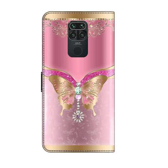 For Xiaomi Redmi Note 9 Crystal 3D Shockproof Protective Leather Phone Case(Pink Bottom Butterfly)