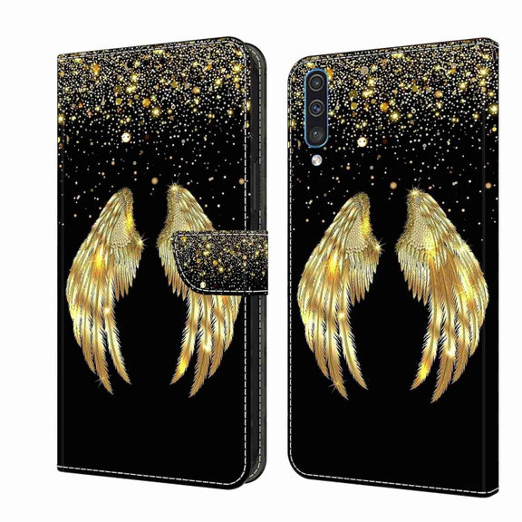 For Samsung Galaxy A50 Crystal 3D Shockproof Protective Leather Phone Case(Golden Wings)