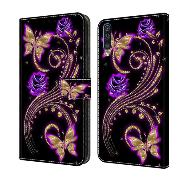 For Samsung Galaxy A50 Crystal 3D Shockproof Protective Leather Phone Case(Purple Flower Butterfly)