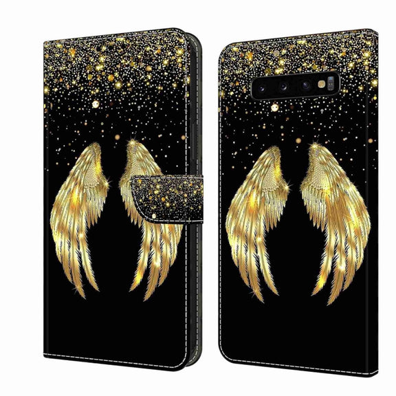 For Samsung Galaxy S10+ Crystal 3D Shockproof Protective Leather Phone Case(Golden Wings)