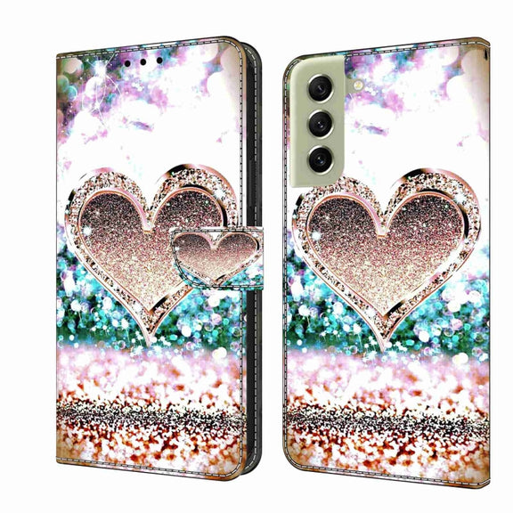 For Samsung Galaxy S21 FE 5G Crystal 3D Shockproof Protective Leather Phone Case(Pink Diamond Heart)