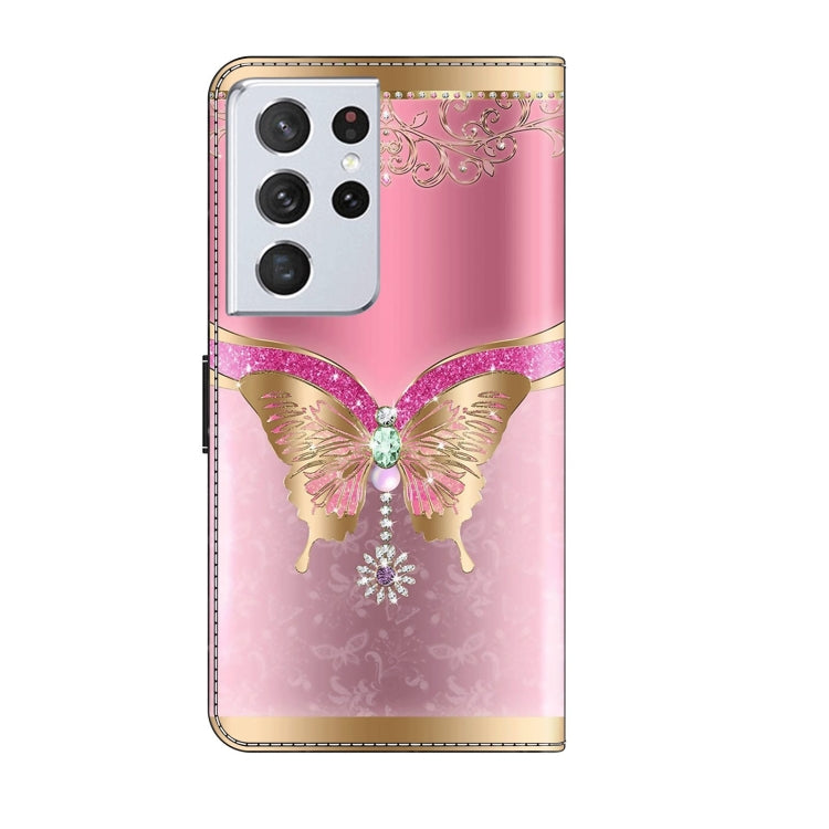 For Samsung Galaxy S21 Ultra Crystal 3D Shockproof Protective Leather Phone Case(Pink Bottom Butterfly)