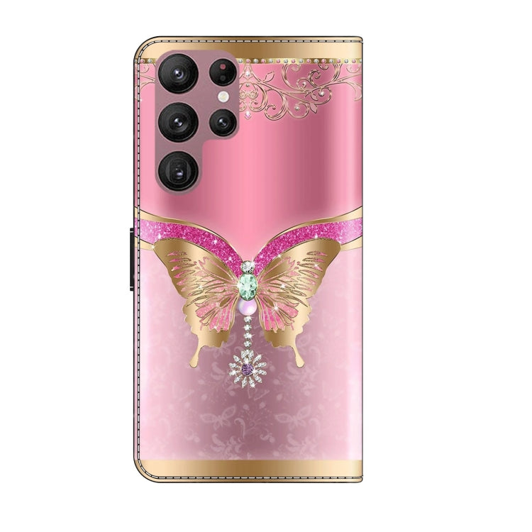 For Samsung Galaxy S22 Ultra Crystal 3D Shockproof Protective Leather Phone Case(Pink Bottom Butterfly)