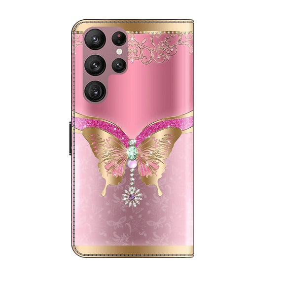 For Samsung Galaxy S22 Ultra Crystal 3D Shockproof Protective Leather Phone Case(Pink Bottom Butterfly)