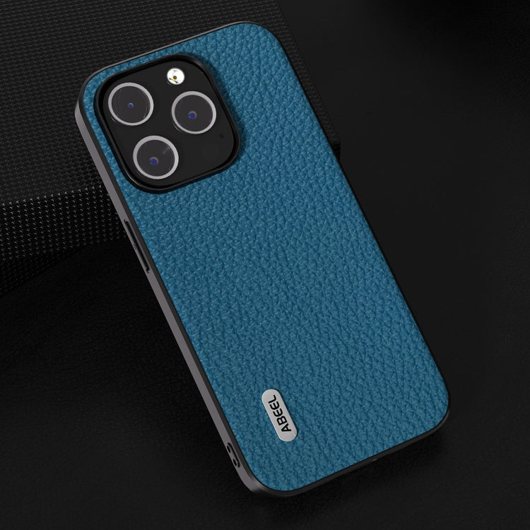 For iPhone 14 Pro Max ABEEL Genuine Leather Litchi Texture Phone Case(Blue)
