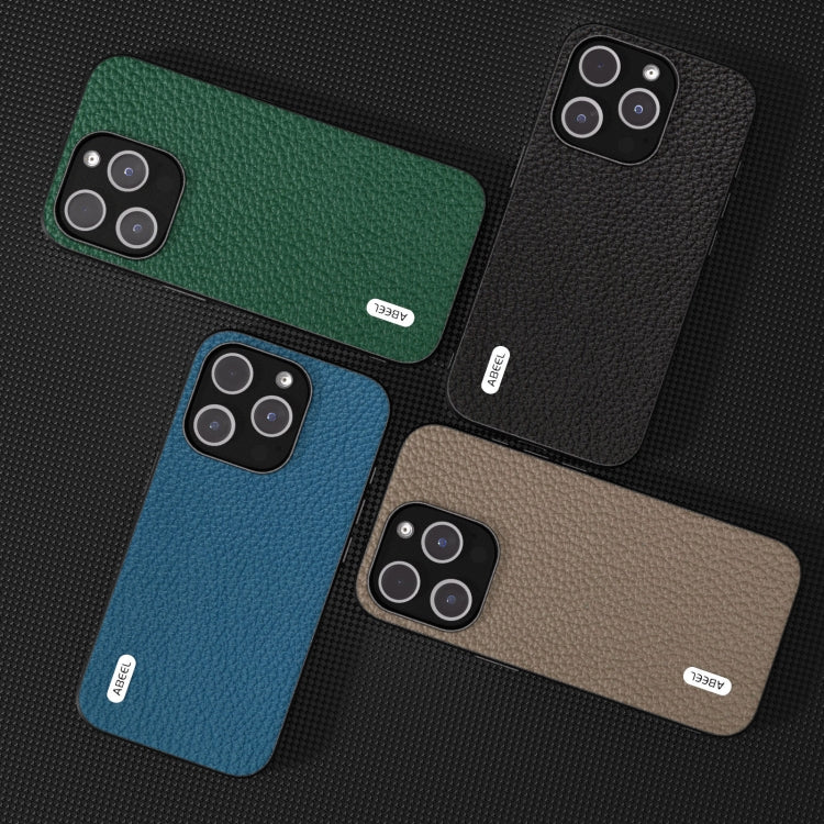 For iPhone 14 Pro Max ABEEL Genuine Leather Litchi Texture Phone Case(Blue)