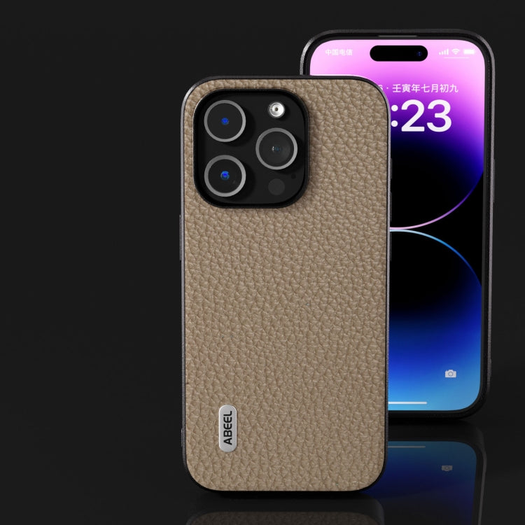 For iPhone 14 Pro Max ABEEL Genuine Leather Litchi Texture Phone Case(Grey)