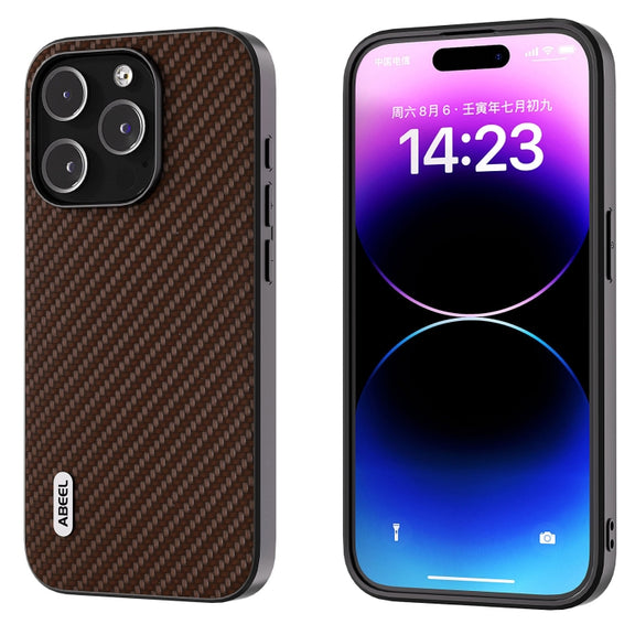 For iPhone 14 Pro ABEEL Carbon Fiber Texture Protective Phone Case(Dark Brown)