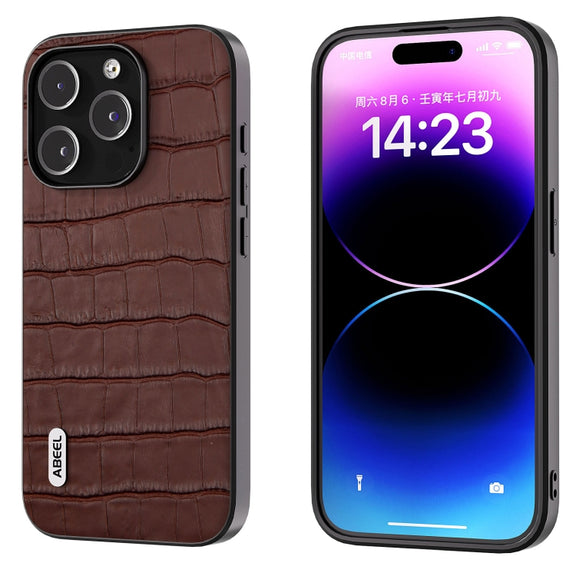 For iPhone 14 Pro ABEEL Crocodile Texture Genuine Leather Phone Case(Brown)