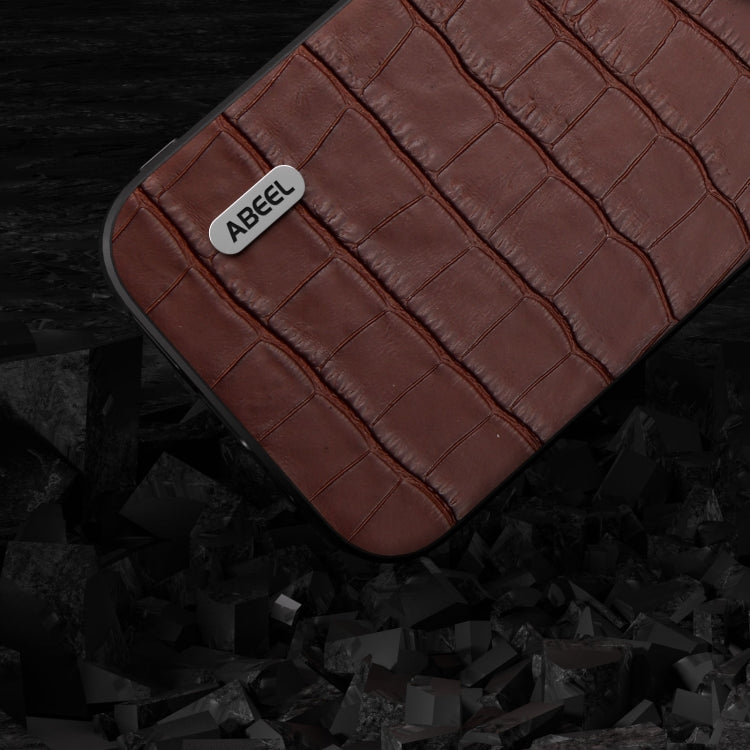 For iPhone 14 Pro Max ABEEL Crocodile Texture Genuine Leather Phone Case(Brown)