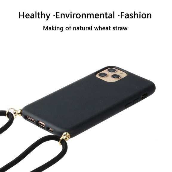 For iPhone 15 Pro Wheat Straw Material + TPU Phone Case with Lanyard(Black)