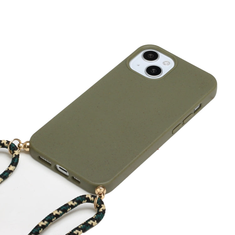 For iPhone 15 Plus Wheat Straw Material + TPU Phone Case with Lanyard(Army Green)