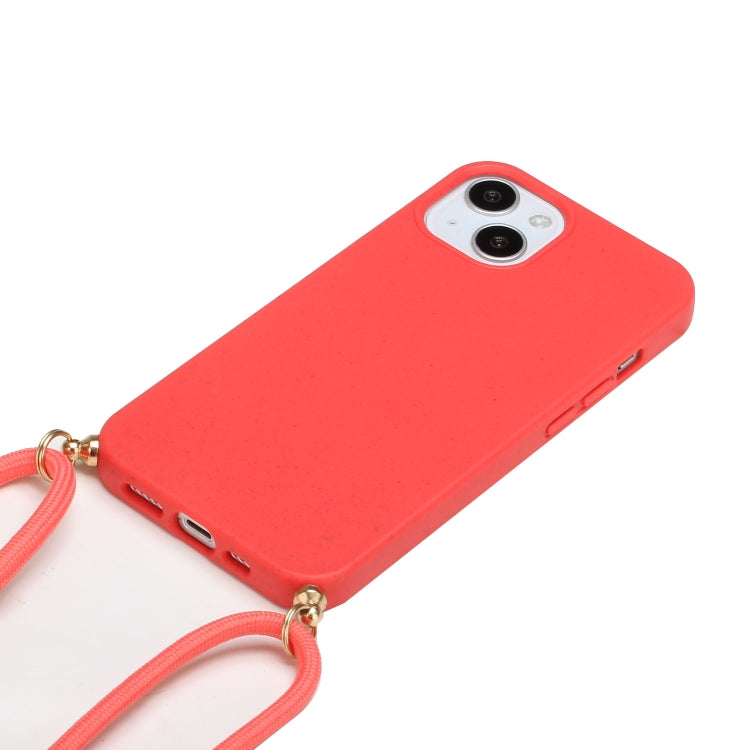 For iPhone 15 Wheat Straw Material + TPU Phone Case with Lanyard(Red)
