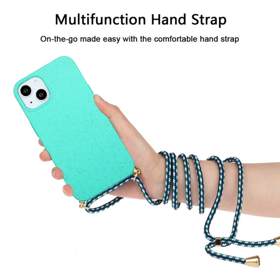 For iPhone 15 Wheat Straw Material + TPU Phone Case with Lanyard(Green)