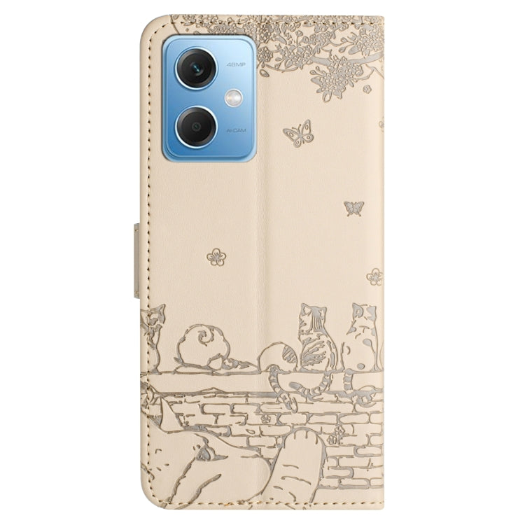 For Xiaomi Redmi Note 12 5G India / POCO X5 Cat Embossing Pattern Leather Phone Case with Lanyard(Beige)