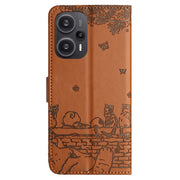 For Xiaomi Poco F5 Cat Embossing Pattern Leather Phone Case with Lanyard(Brown)
