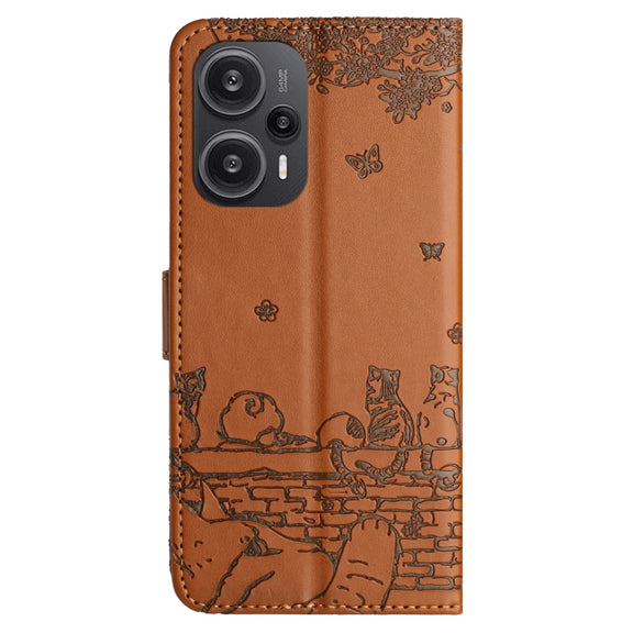 For Xiaomi Poco F5 Cat Embossing Pattern Leather Phone Case with Lanyard(Brown)