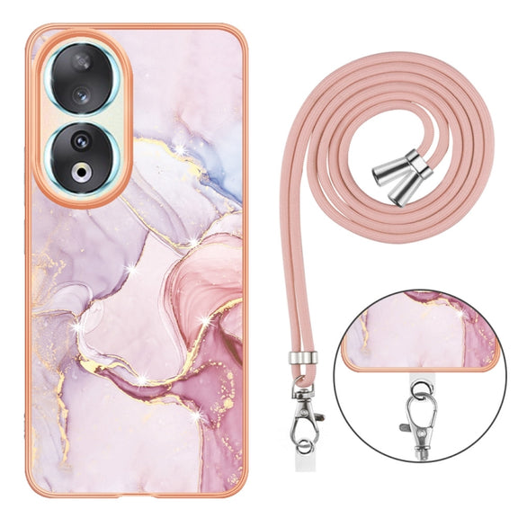 For Honor 90 5G Electroplating Marble Dual-side IMD Phone Case with Lanyard(Rose Gold 005)