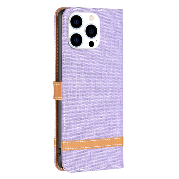 For iPhone 15 Pro Color Block Denim Texture Leather Phone Case(Purple)