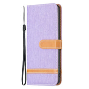 For iPhone 15 Plus Color Block Denim Texture Leather Phone Case(Purple)