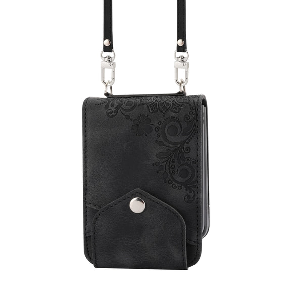 For Samsung Galaxy Z Flip5 Skin Feel Flowers Embossed Wallet Leather Phone Case(Black)