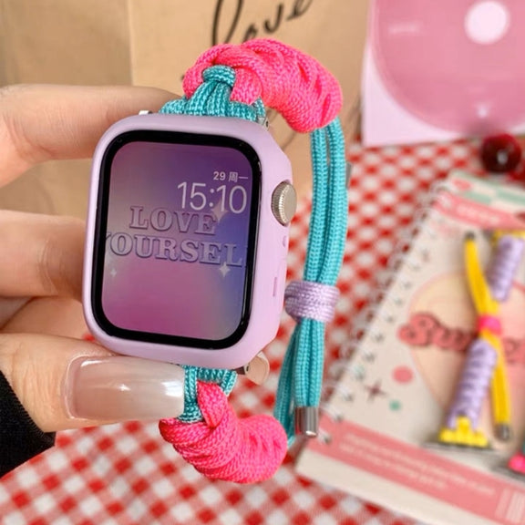 For Apple Watch 5 44mm Twist Knotted Nylon Watch Band(Rose Red Mint Green)