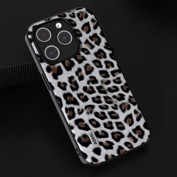 For iPhone 14 Pro Max ABEEL Black Edge Leopard Phone Case(Silver Leopard)