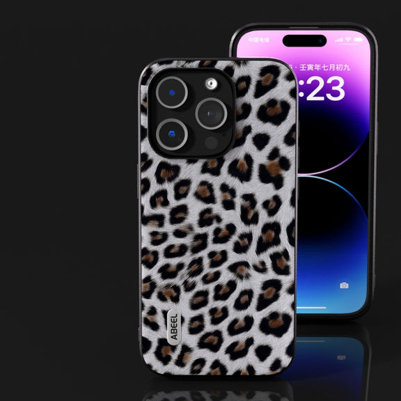 For iPhone 14 Pro Max ABEEL Black Edge Leopard Phone Case(Silver Leopard)