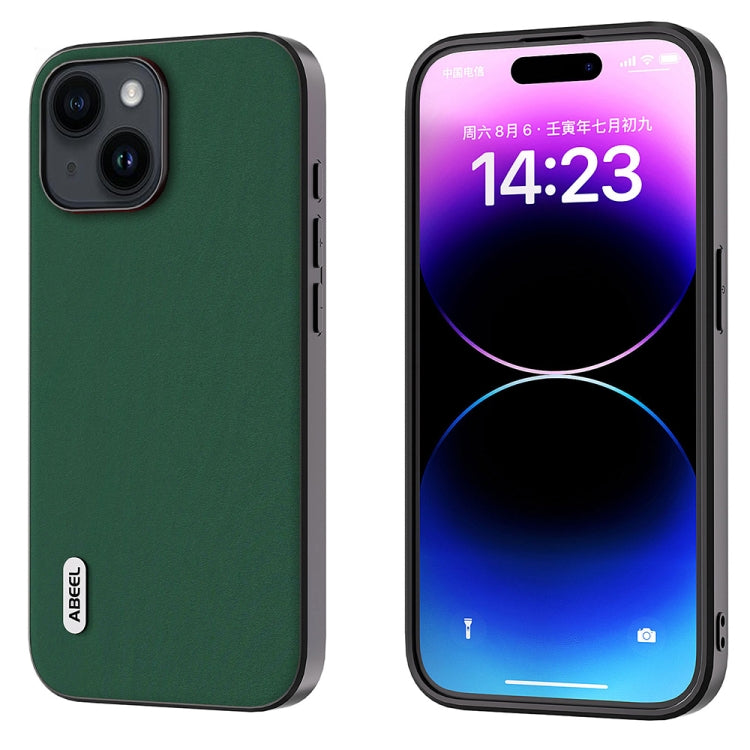 For iPhone 15 Plus ABEEL Genuine Leather Silky Soft Black Edge Phone Case(Green)