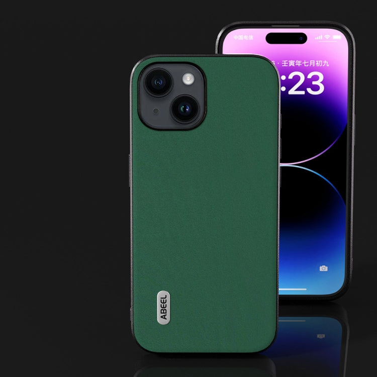 For iPhone 15 Plus ABEEL Genuine Leather Silky Soft Black Edge Phone Case(Green)