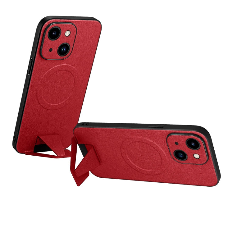 For iPhone 14 Plus SULADA Folding Holder Lambskin Texture MagSafe Phone Case(Red)