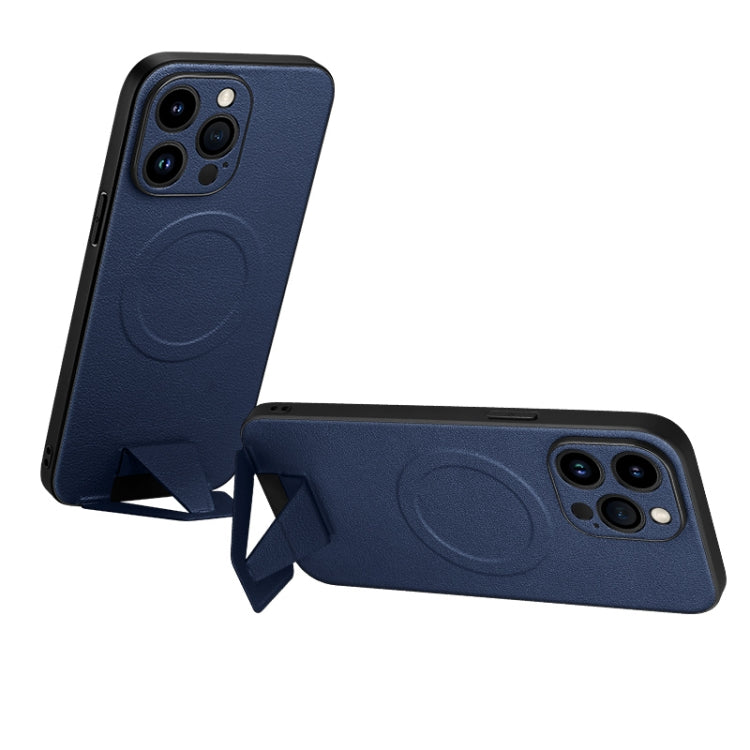 For iPhone 13 Pro SULADA Folding Holder Lambskin Texture MagSafe Phone Case(Blue)
