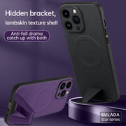 For iPhone 13 SULADA Folding Holder Lambskin Texture MagSafe Phone Case(Purple)