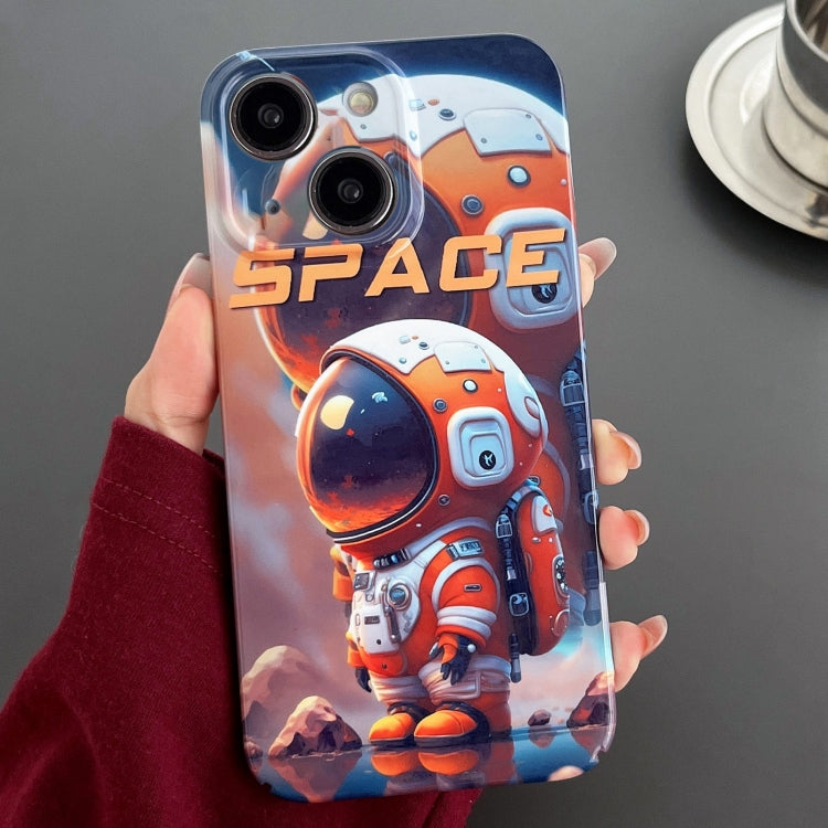 For iPhone 14 Painted Pattern Precise Hole PC Phone Case(Orange Astronaut)