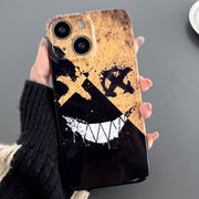For iPhone 14 Painted Pattern Precise Hole PC Phone Case(Black Yellow Smiling)
